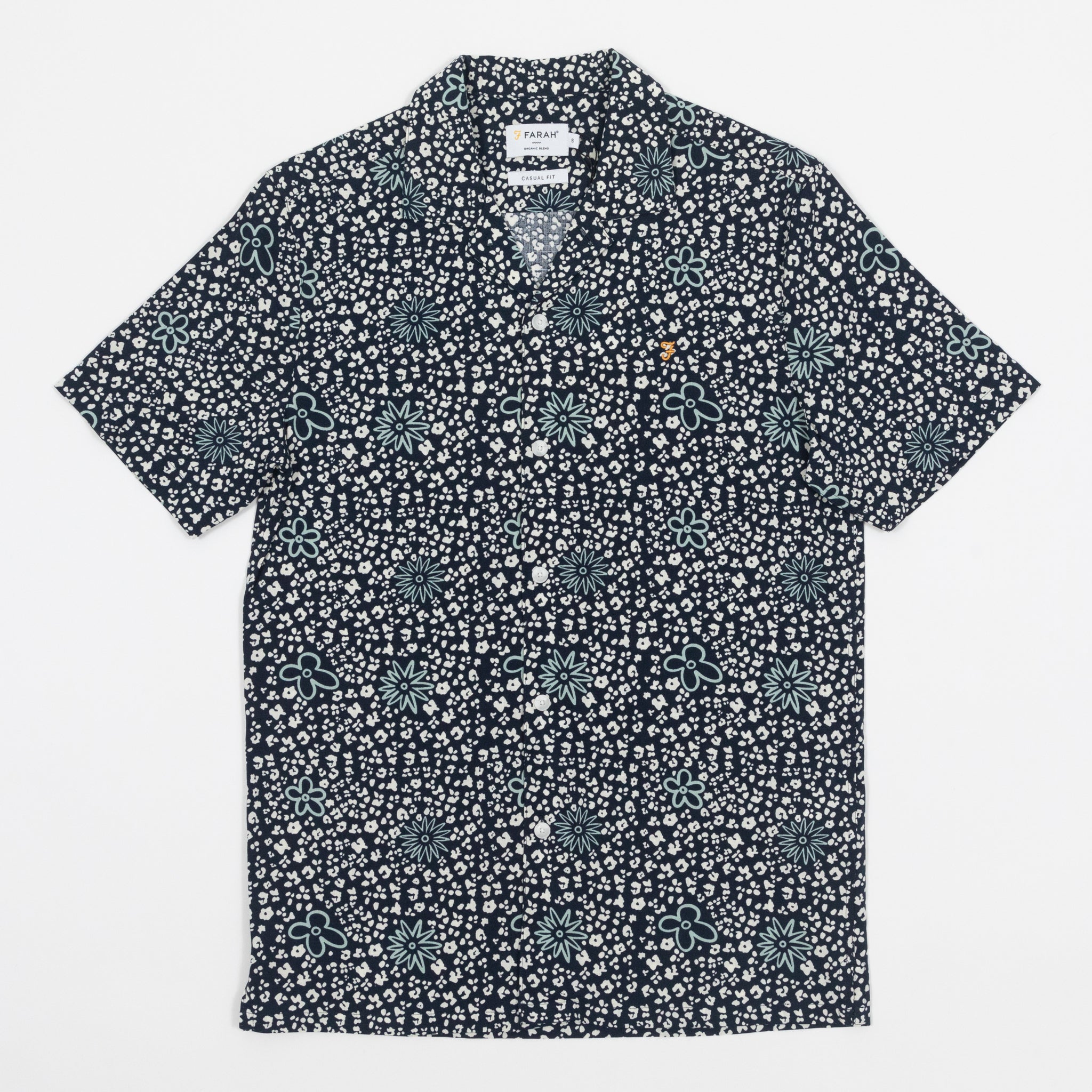 FARAH Landon Reve Print Short Sleeve Shirt in NAVY