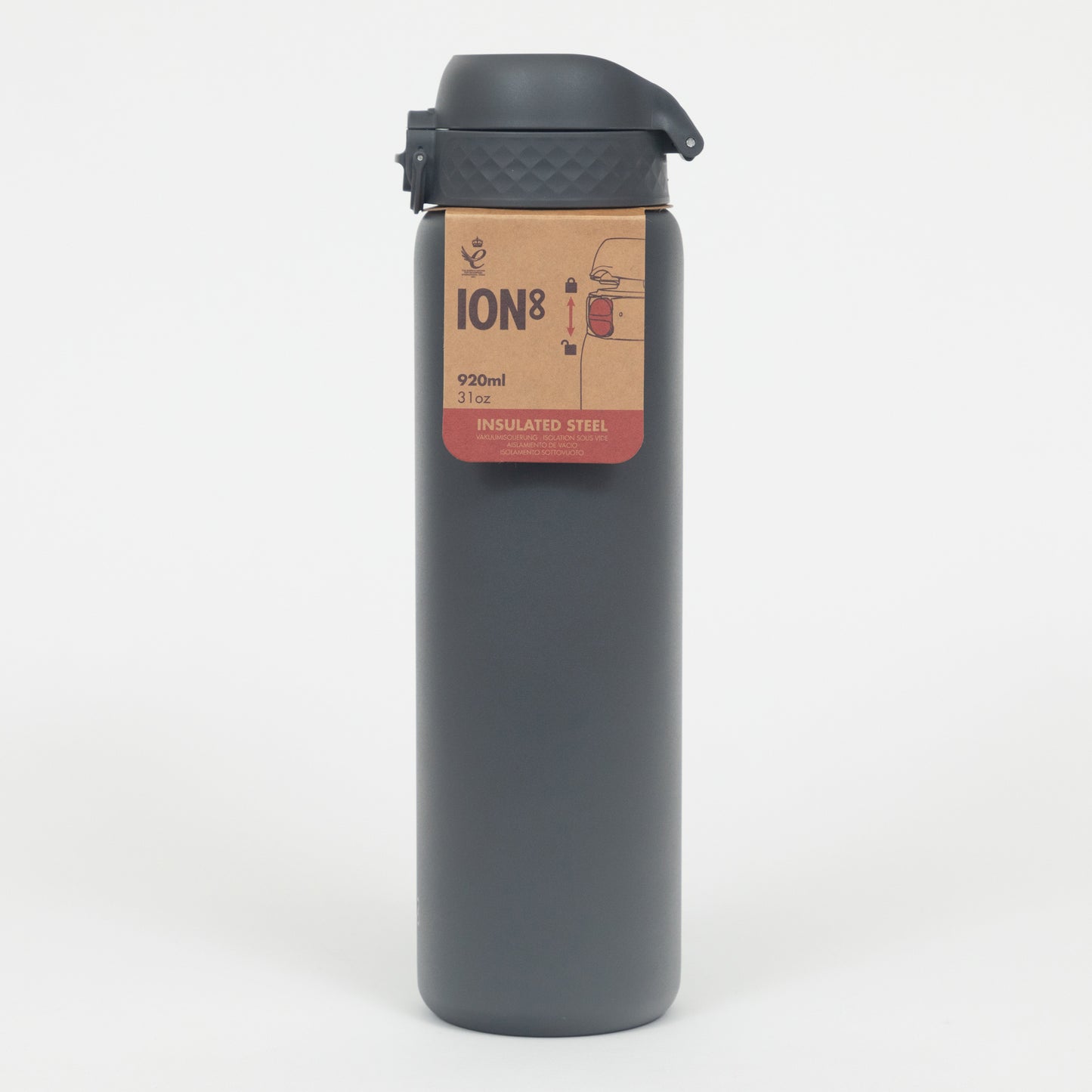 Ion8 Leak Proof 1 Litre Stainless Steel Water Bottle in GREY