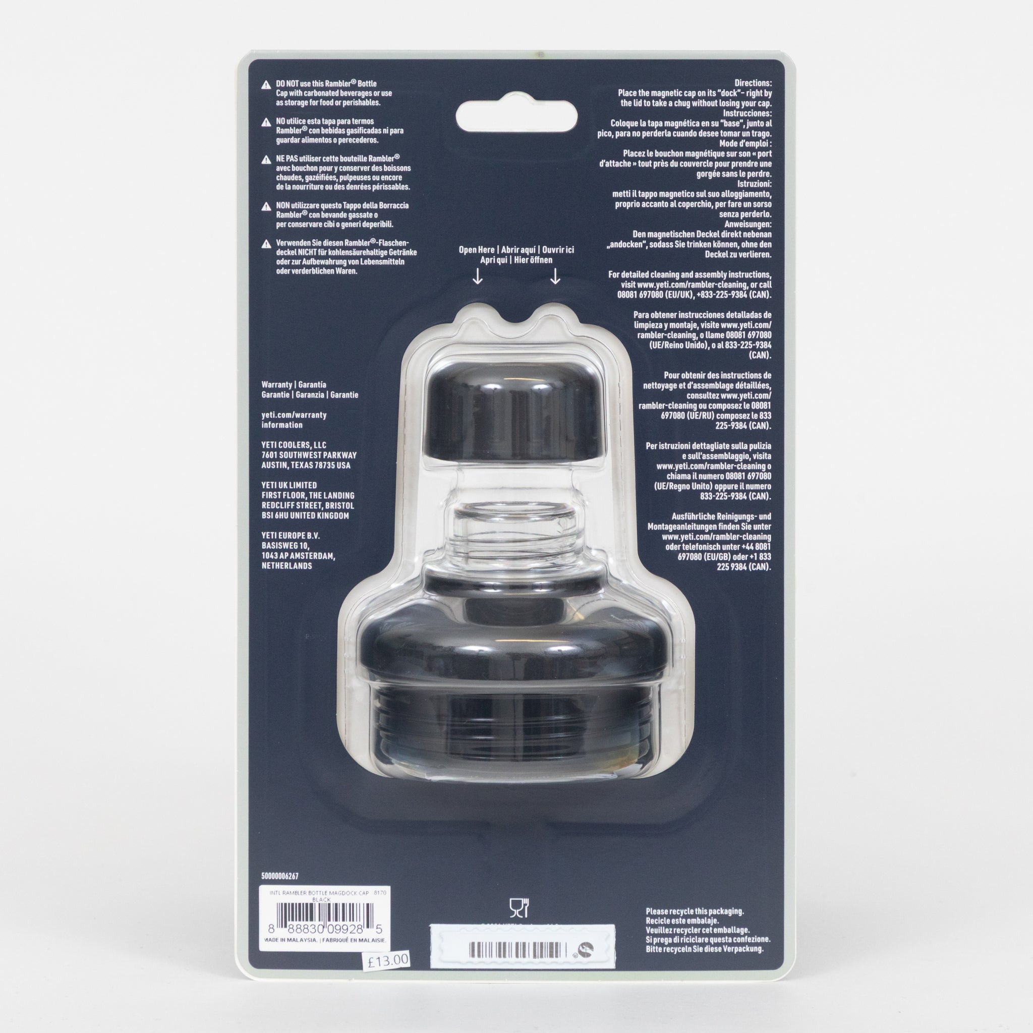 Packaging of a black bottle cap with text on a white background