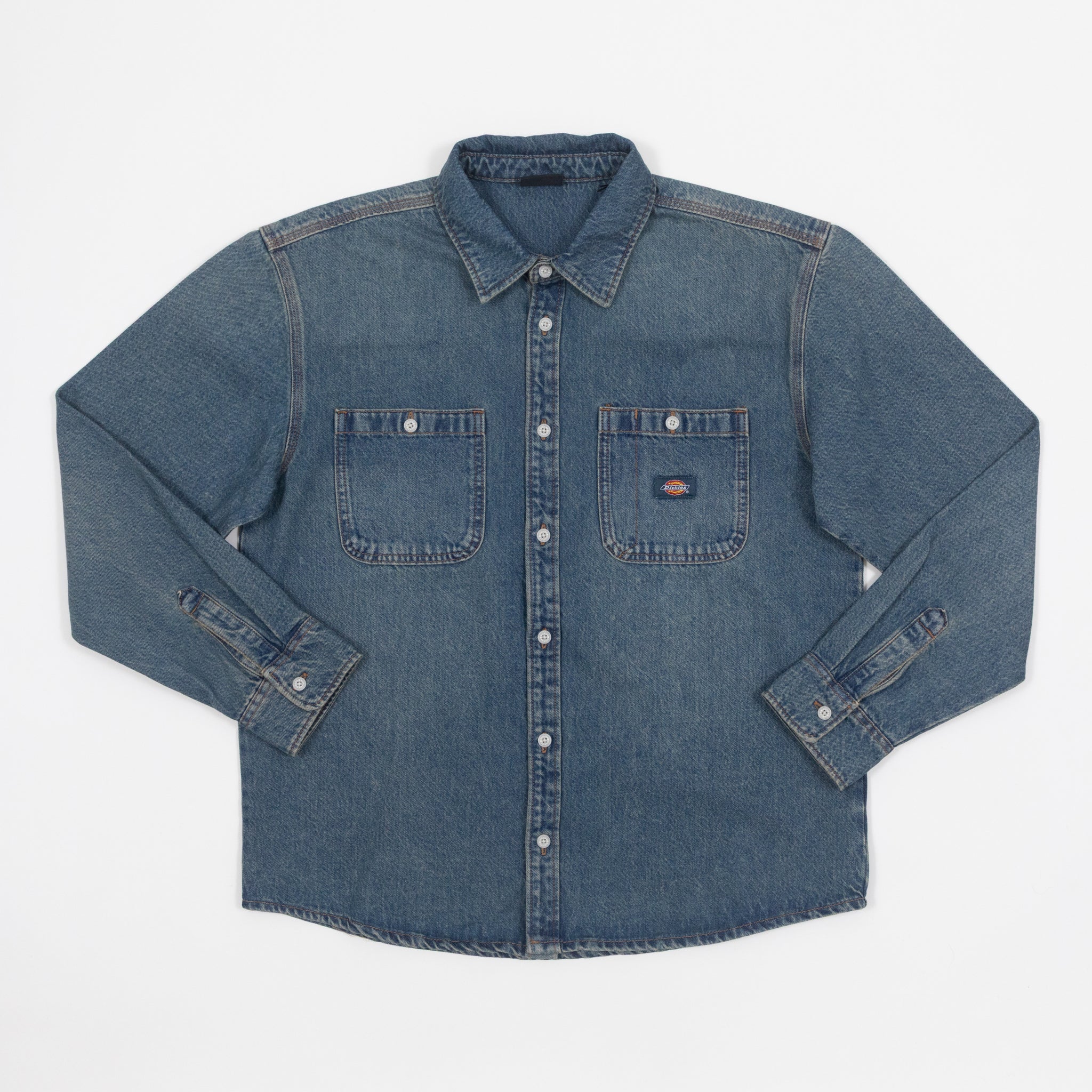 DICKIES Mechanic Denim Long Sleeve Shirt in KHAKI TINTED BLUE