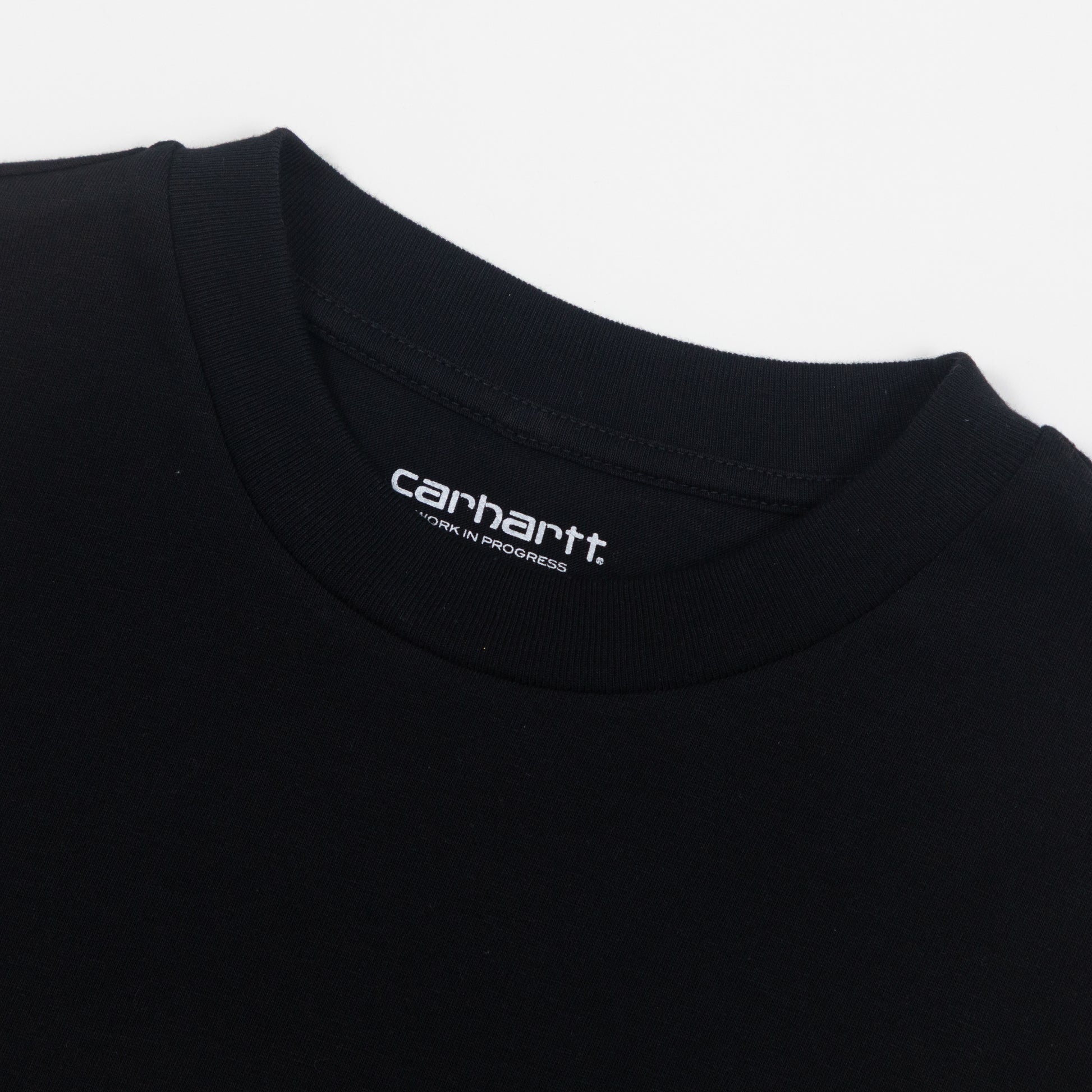 Close-up of crew neck on black Carhartt t-shirt 
