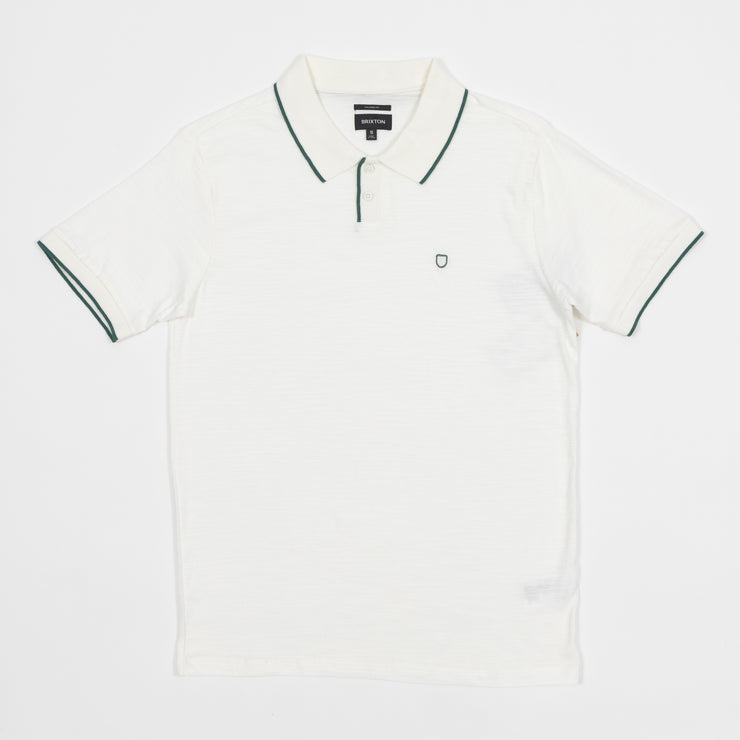 BRIXTON Proper Slub Short Sleeved Polo in OFF WHITE & GREEN