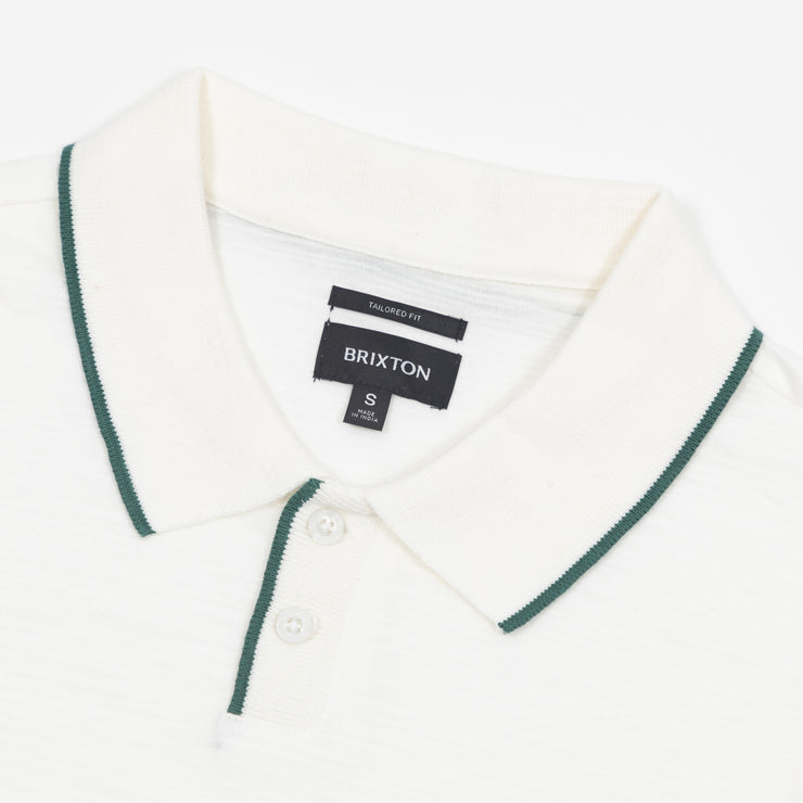 BRIXTON Proper Slub Short Sleeved Polo in OFF WHITE & GREEN
