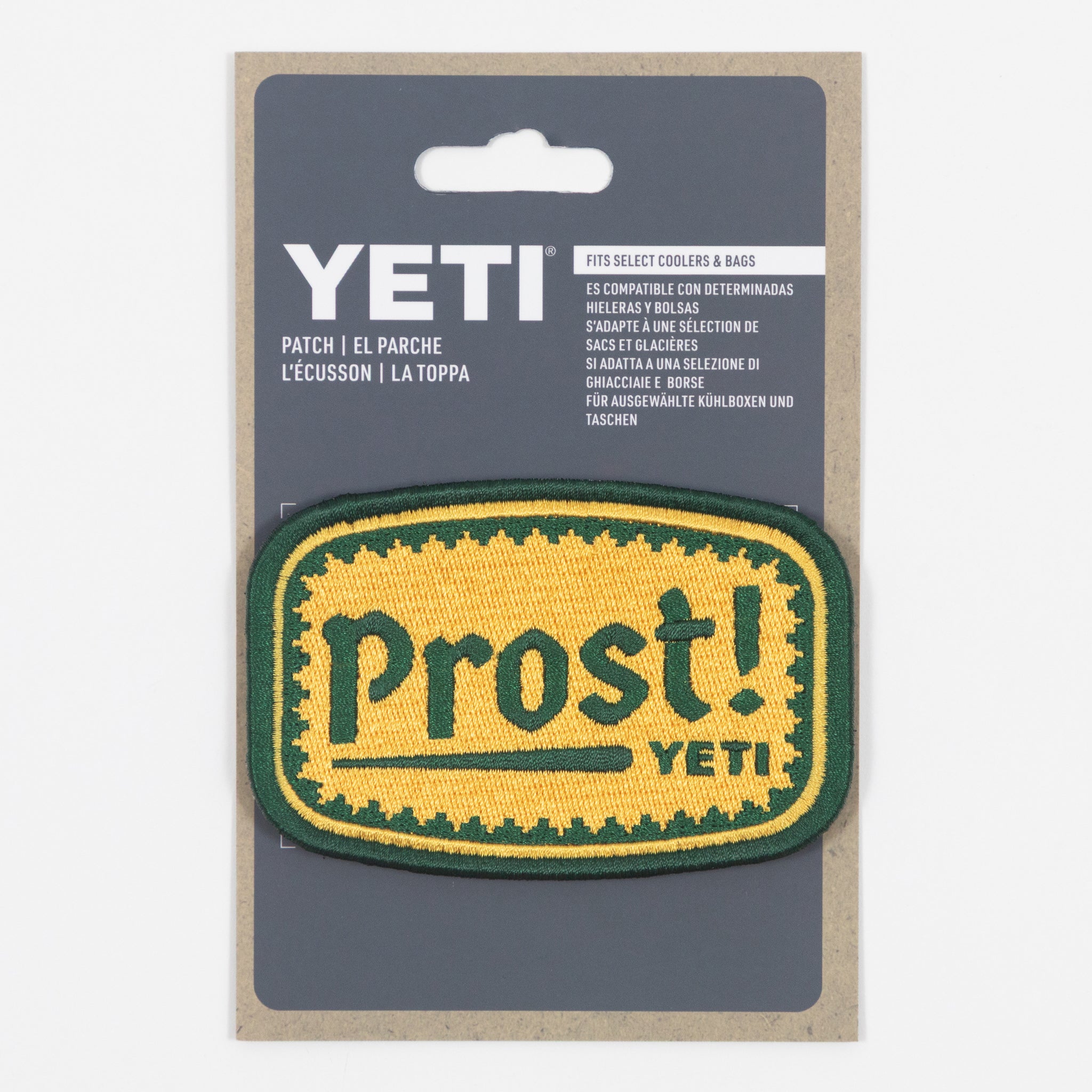 YETI patch with 'Prost!' text in packaging