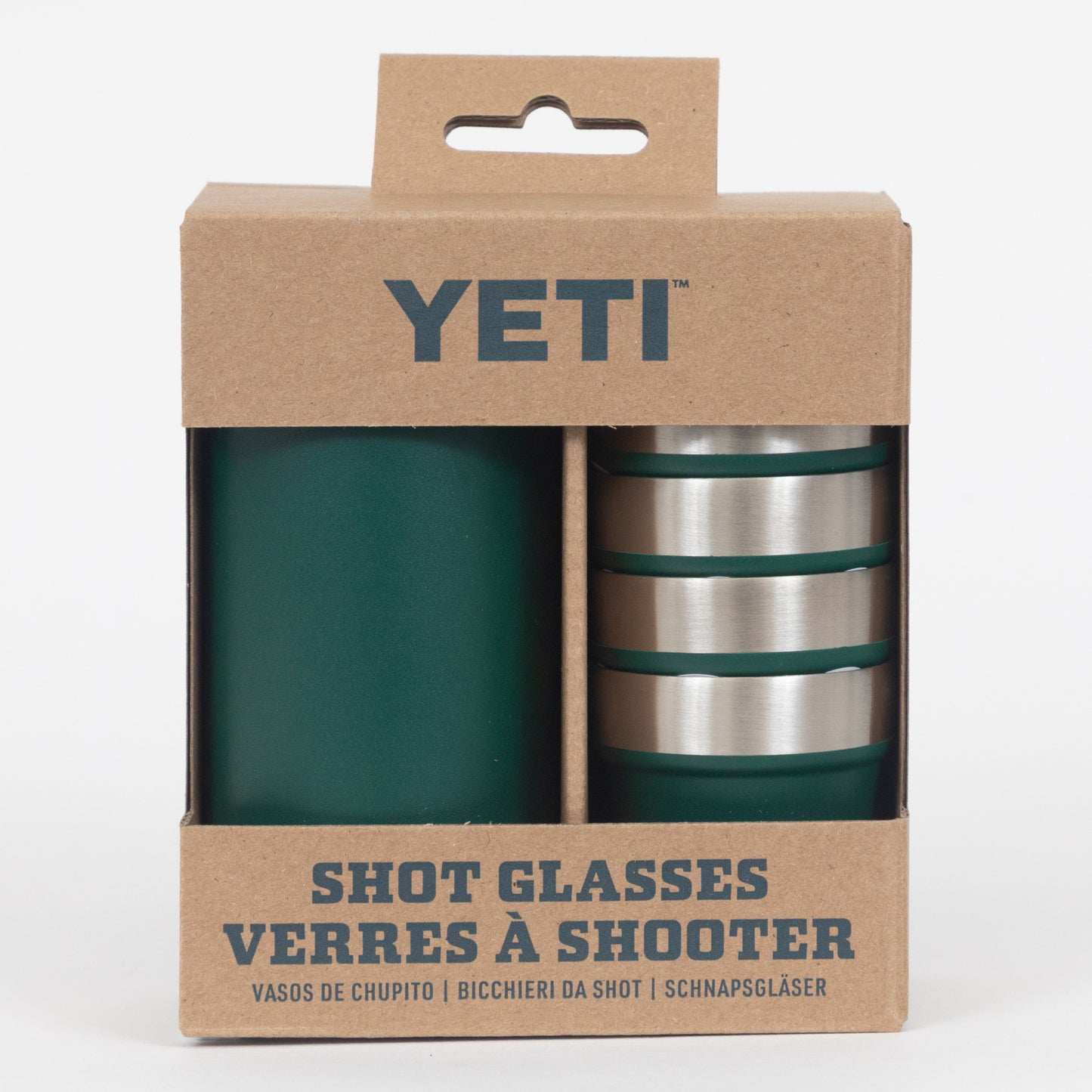 YETI shot glasses and container packaging