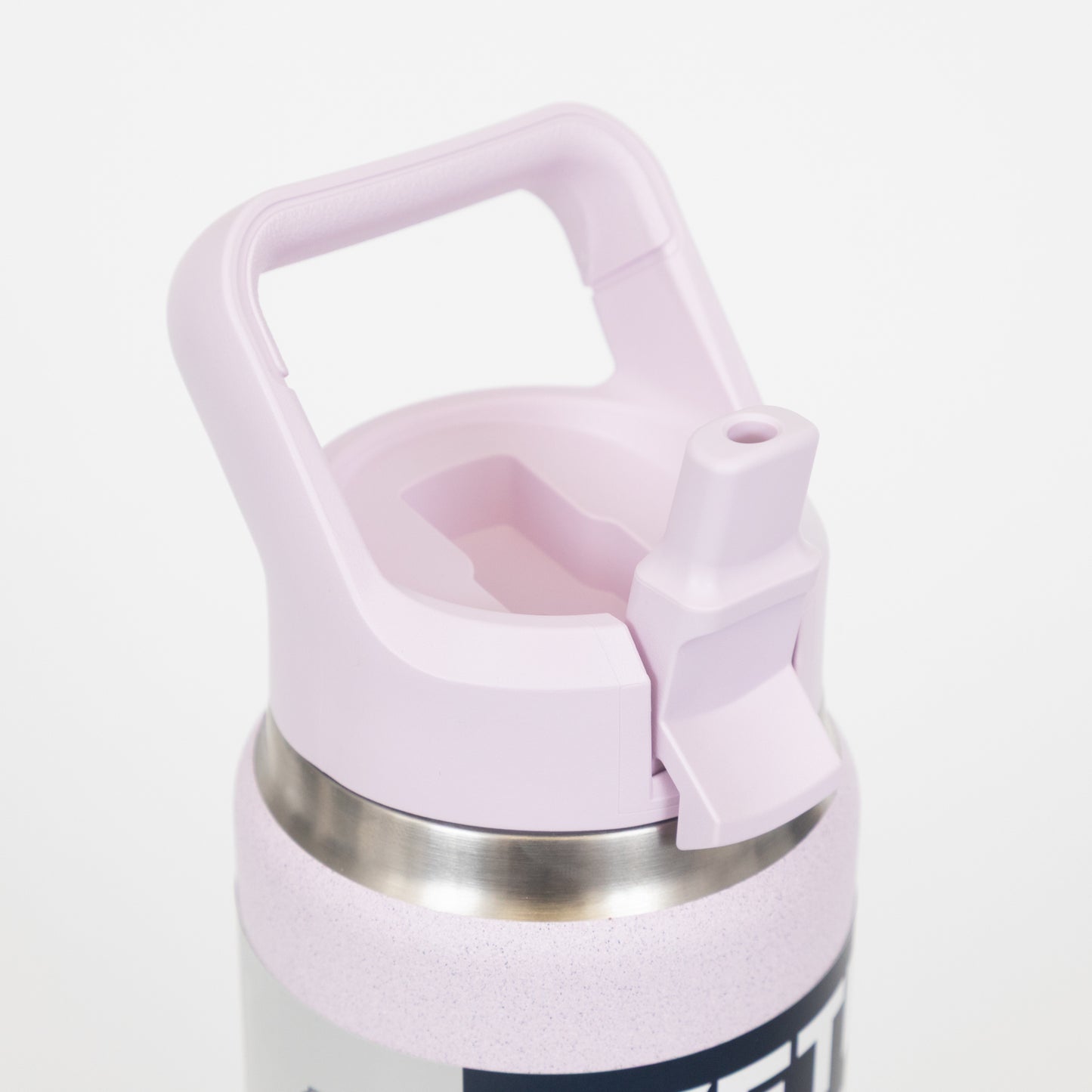 Pink Yeti water bottle with a handle and straw lid open