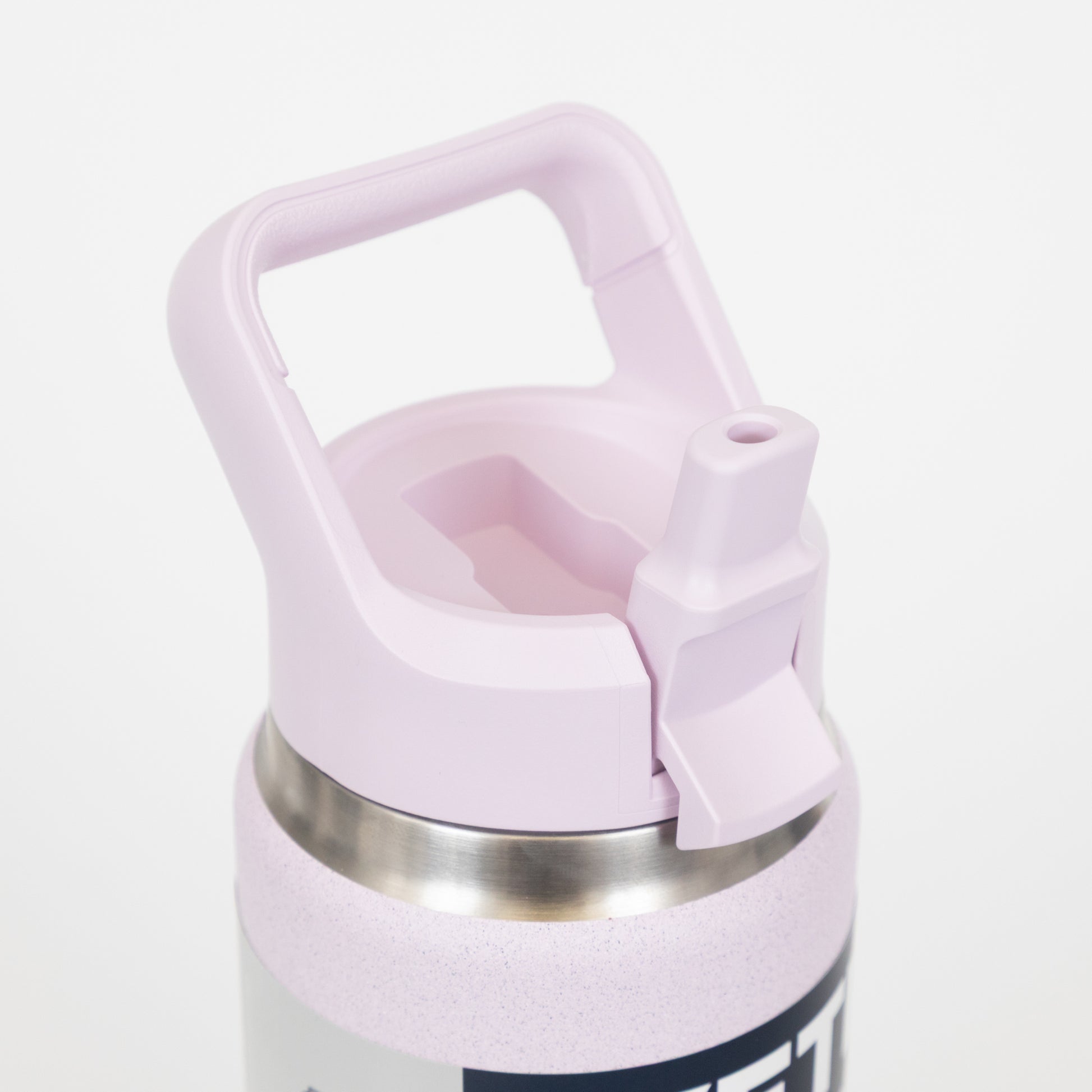 Pink Yeti water bottle with a handle and straw lid open
