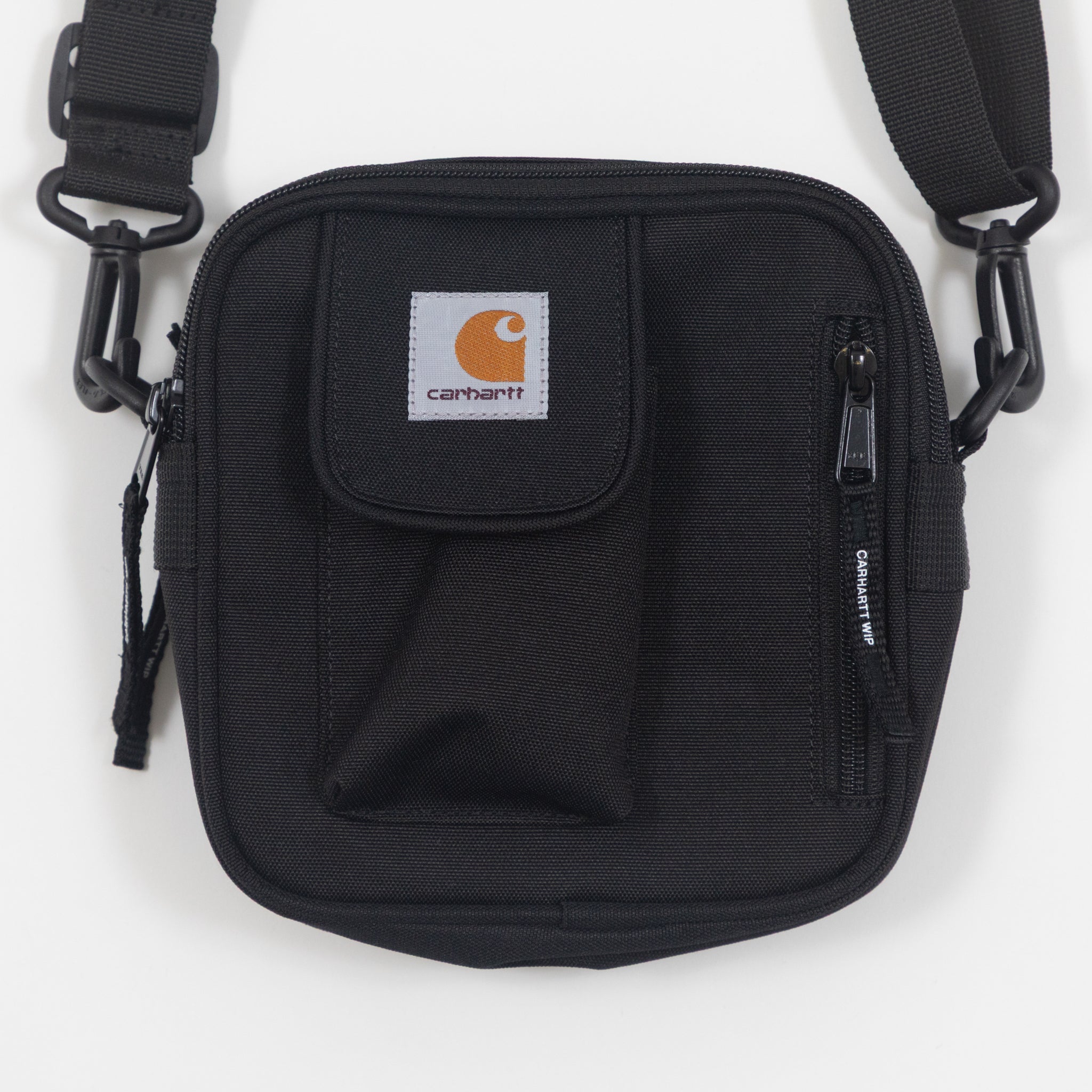 Black Carhartt bag with a visible brand logo on a white background