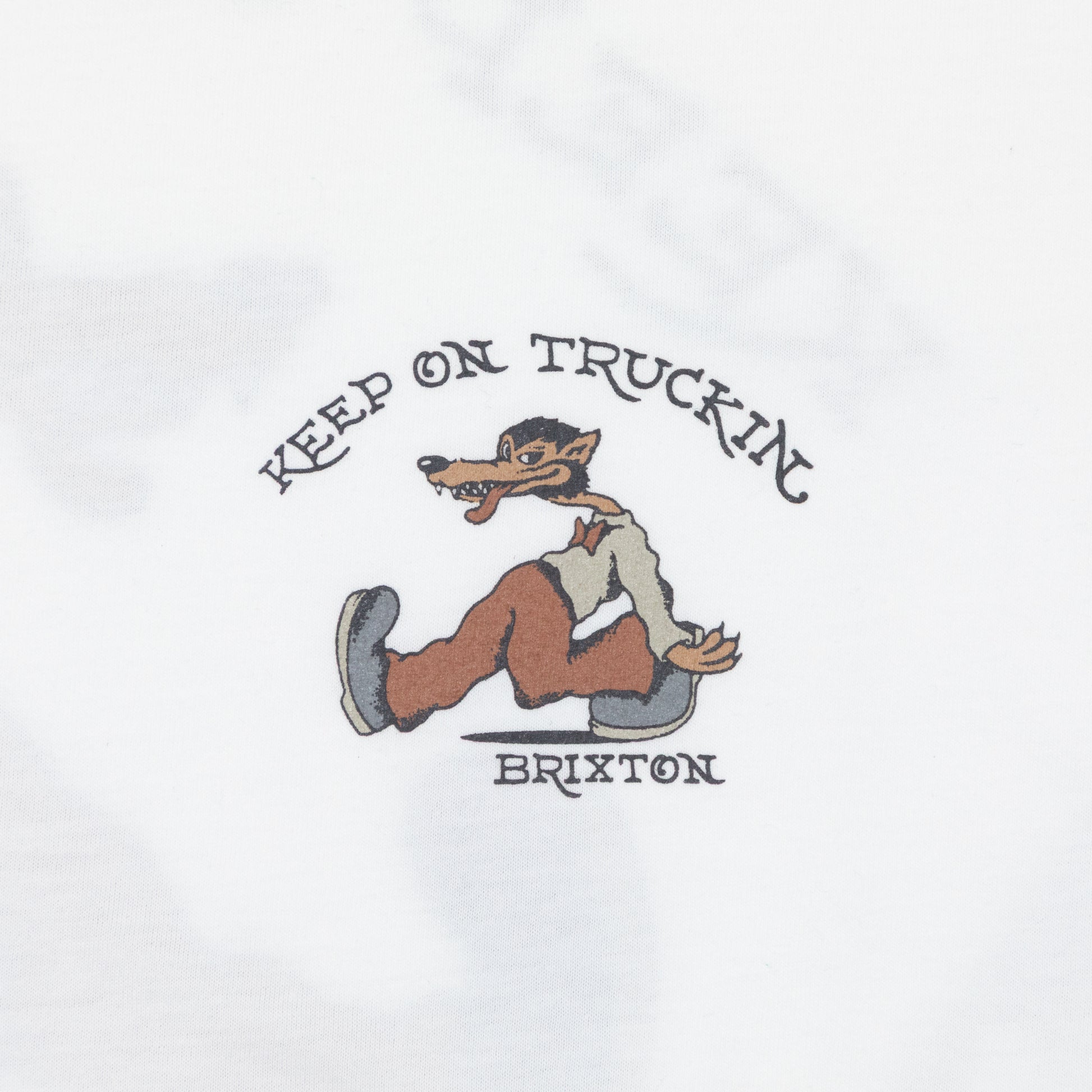 close up on front graphic print on brixton white t-shirt
