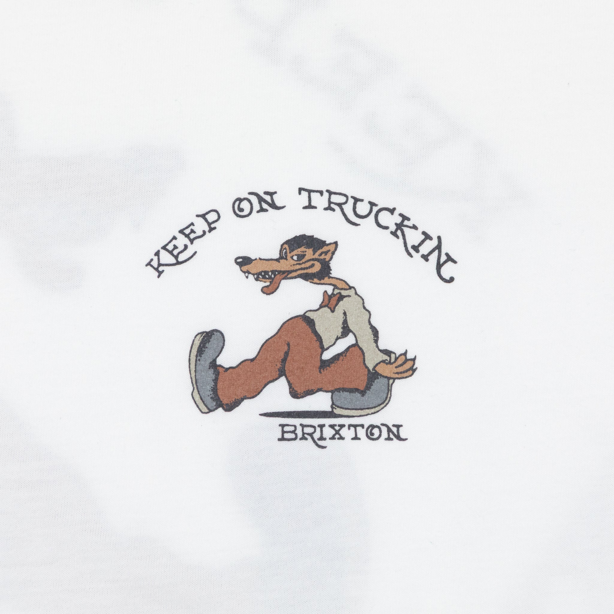 close up on front graphic print on brixton white t-shirt