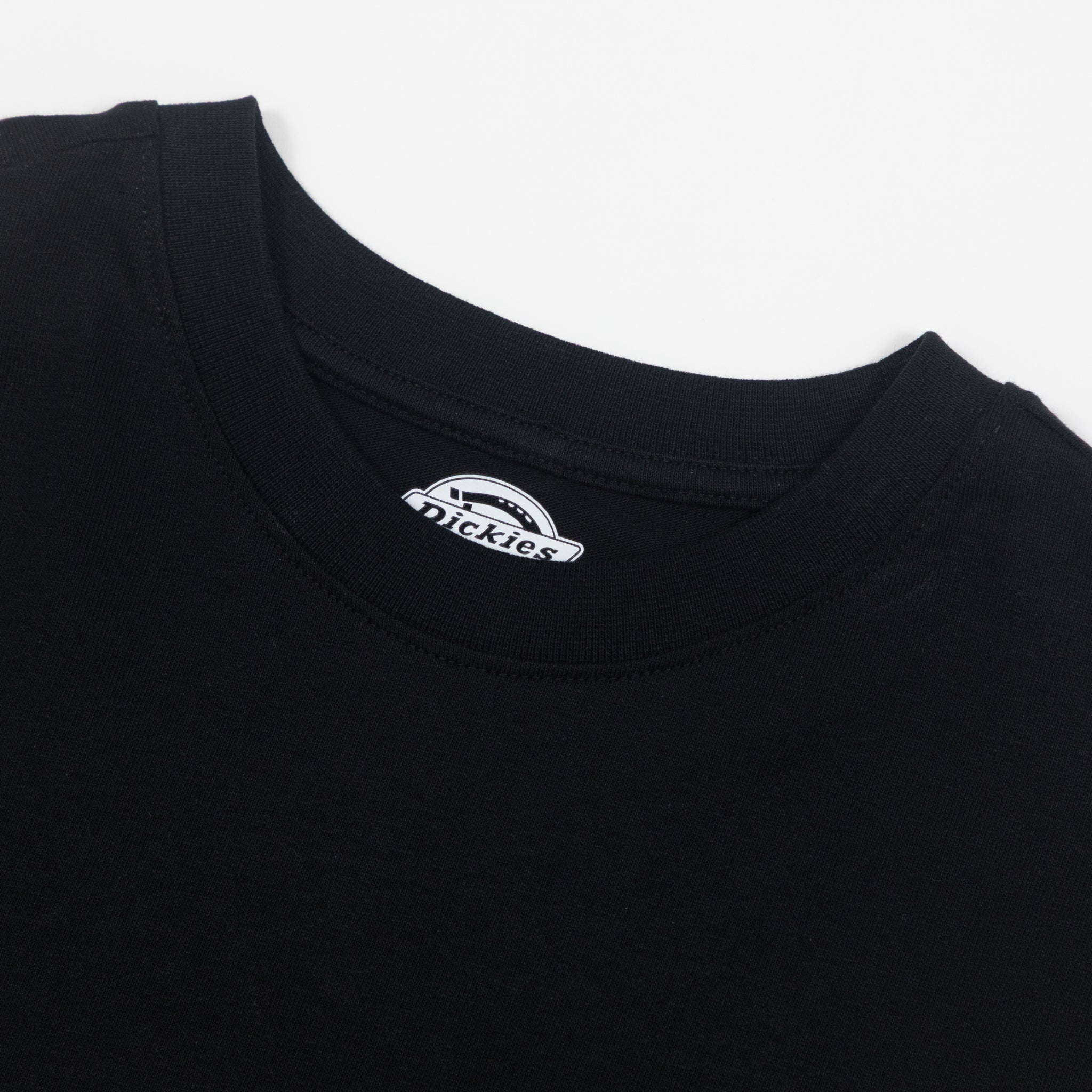 Black t-shirt with a dickies brand logo on a white background