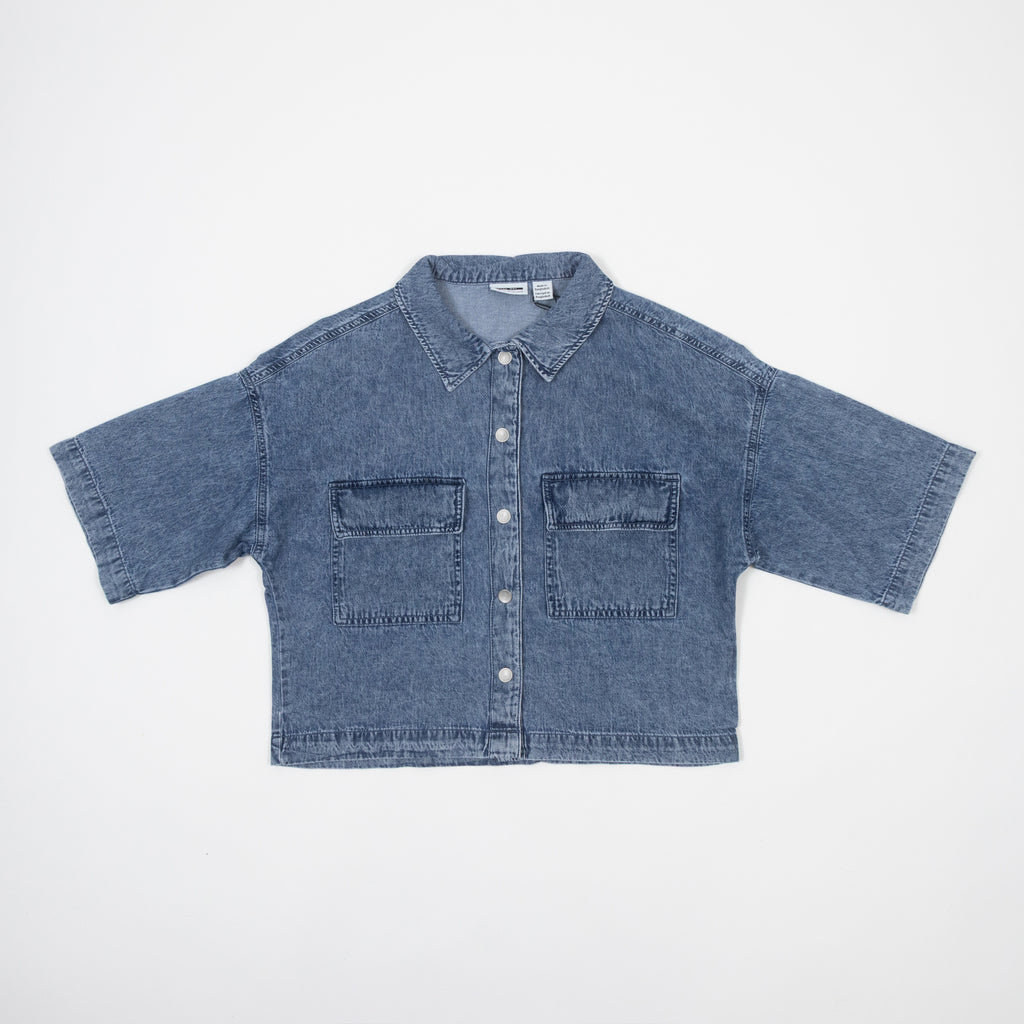 Womens NOISY MAY Enza Cropped Short Sleeve Shirt in BLUE DENIM