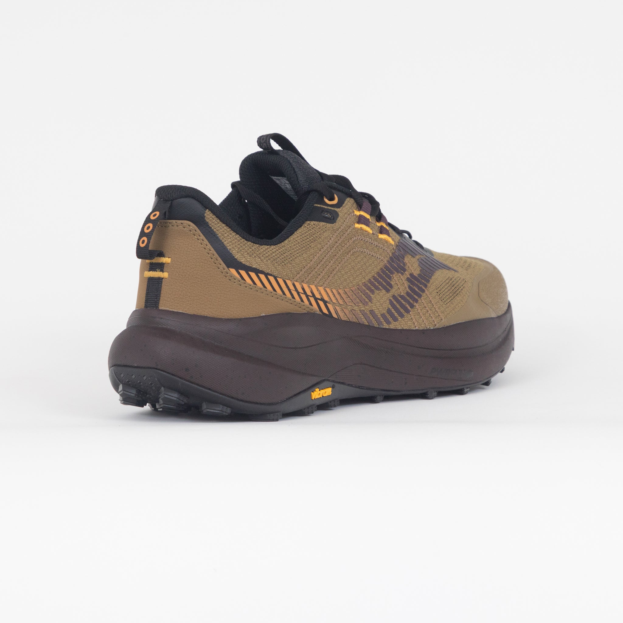 brown and green trail running trainers from saucony back view