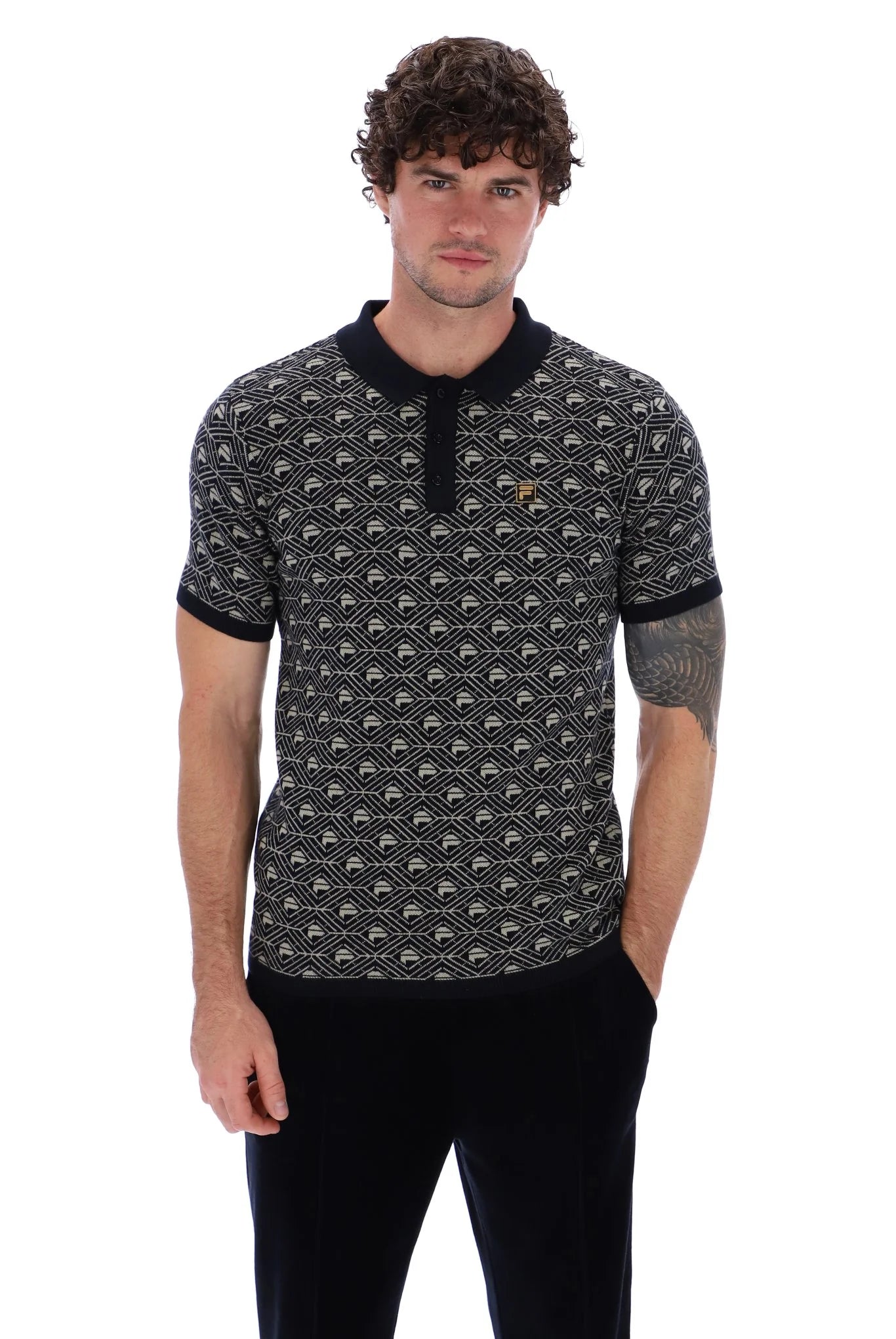 FILA Zano Geo Pattern Polo Shirt in BLACK