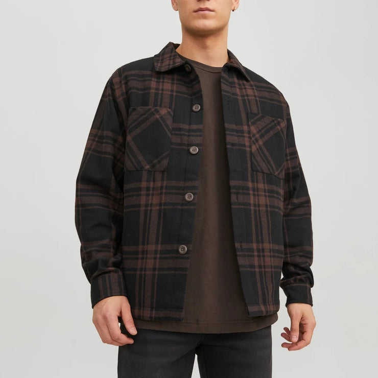 JACK & JONES Padded Check Overshirt Jacket in BROWN & BLACK
