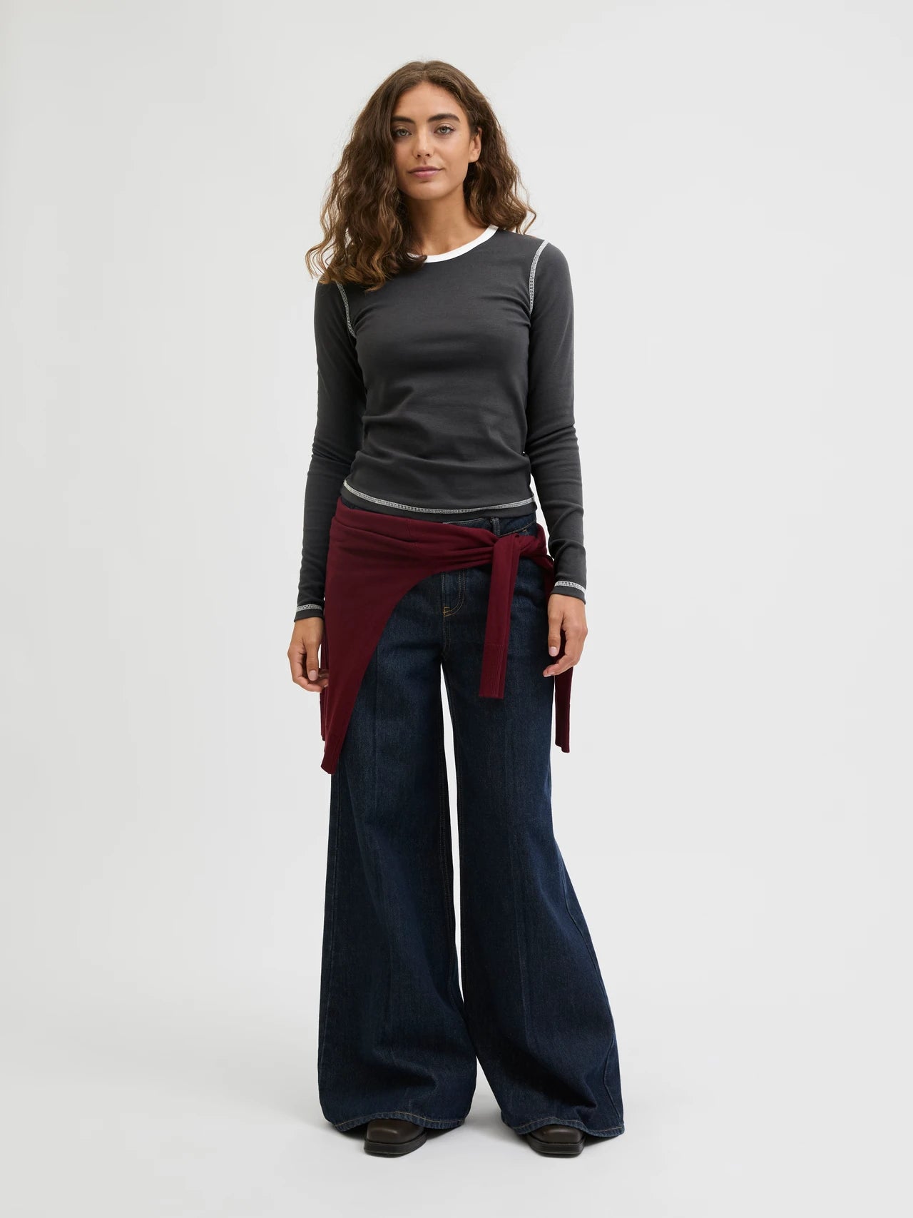 Womens JJXX Barbara Contrast Long Sleeve T-Shirt in BLACK