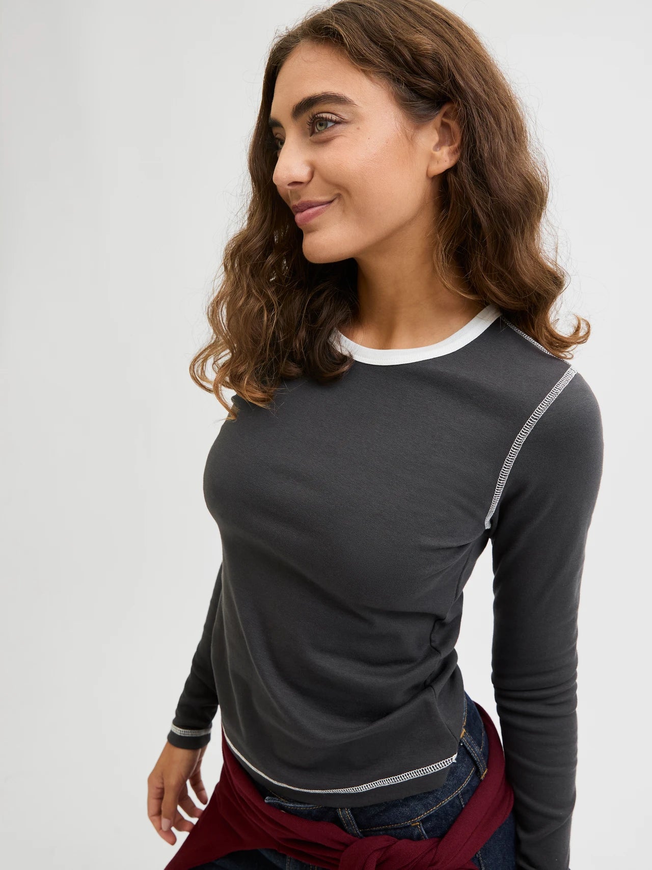 Womens JJXX Barbara Contrast Long Sleeve T-Shirt in BLACK