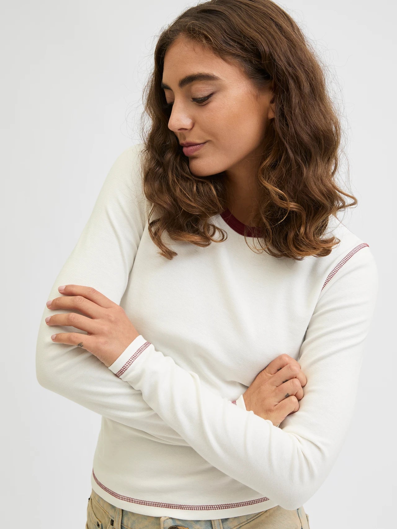 Womens JJXX Contrast Long Sleeve T-Shirt in OFF WHITE
