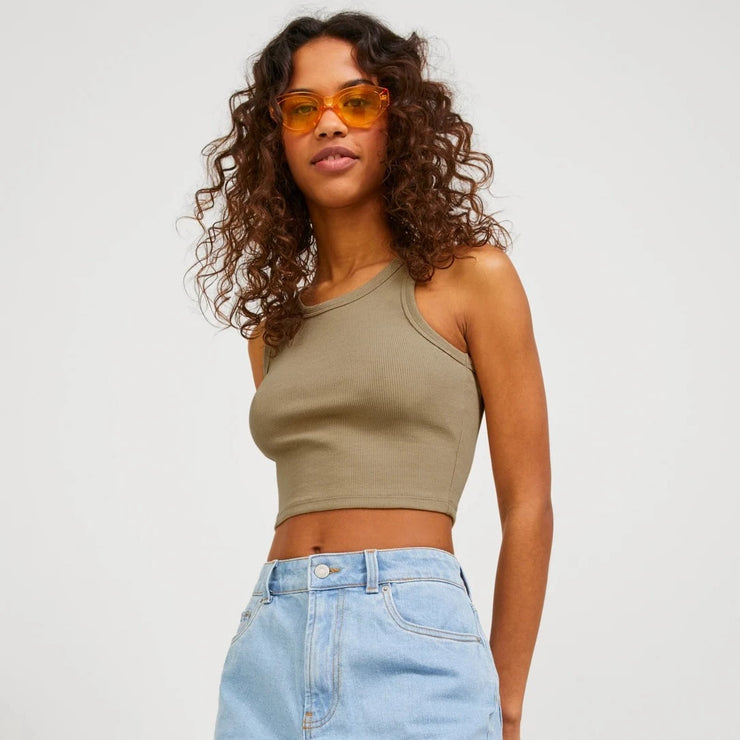 Womens JJXX Sleeveless Rib Crop Top in BEIGE