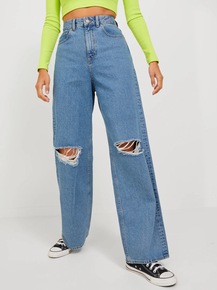 Womens JJXX Tokyo Wide Fit Ripped Jeans in LIGHT BLUE DENIM