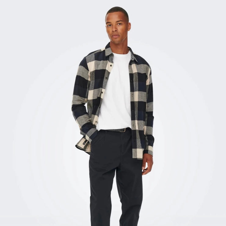 ONLY & SONS Gudmund Check Shirt in DARK NAVY & BEIGE