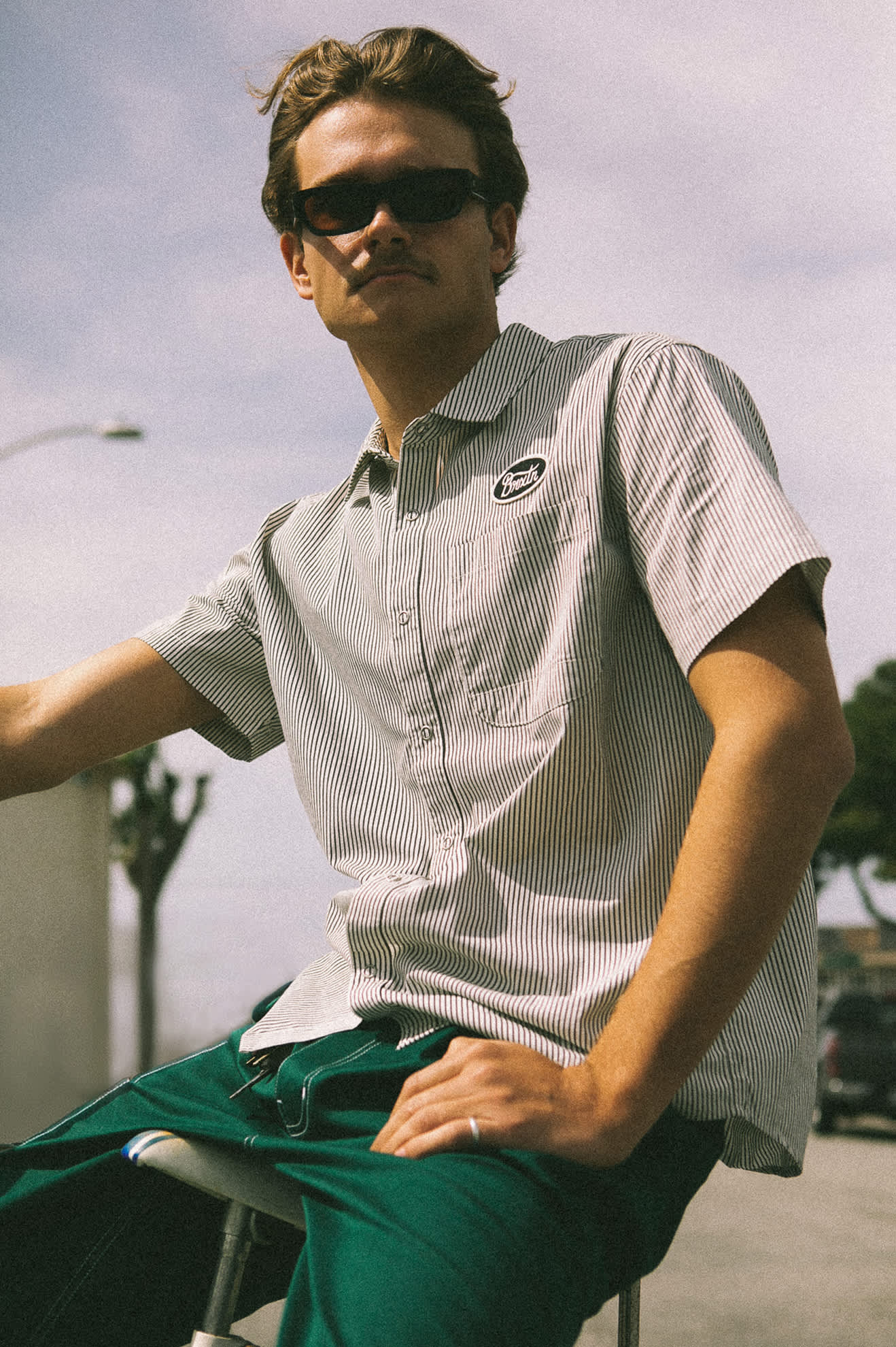 brixton short sleeve stripe shirt closed snaps on model