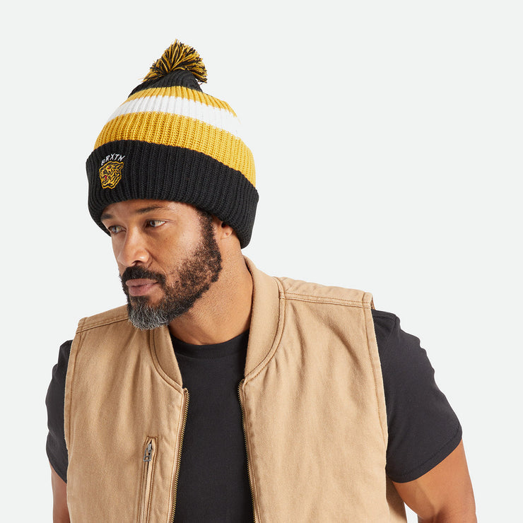 BRIXTON Knit Pom Beanie in BLACK, OFF WHITE & BRIGHT GOLD