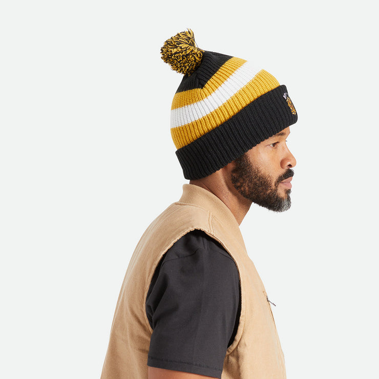 BRIXTON Knit Pom Beanie in BLACK, OFF WHITE & BRIGHT GOLD