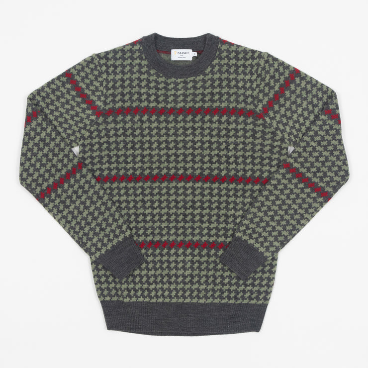 FARAH Jarrett Crew Neck Patterned Wool Sweatshirt in OLIVE GREEN