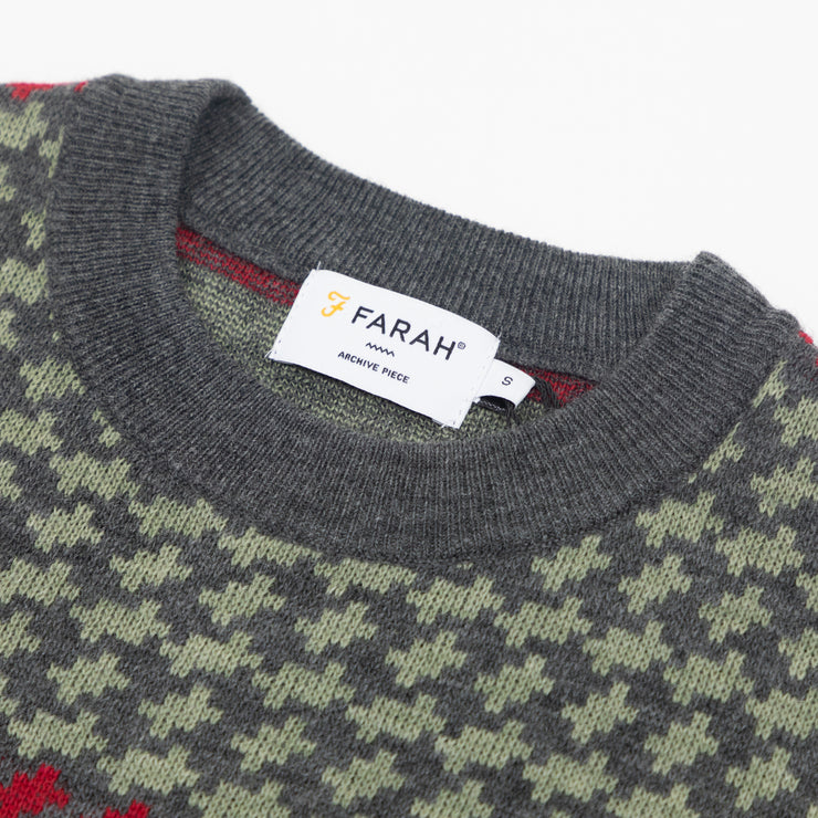 FARAH Jarrett Crew Neck Patterned Wool Sweatshirt in OLIVE GREEN