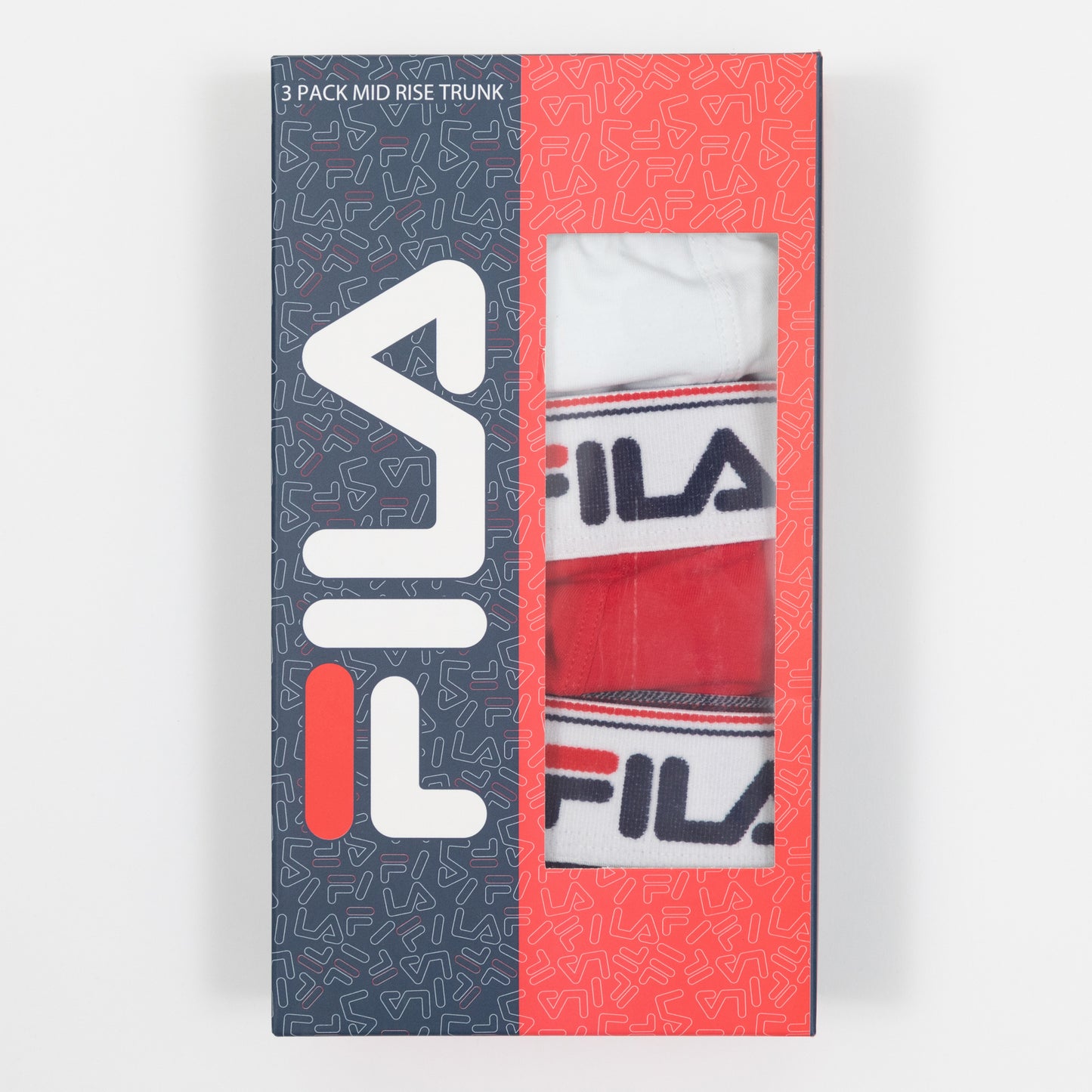 FILA Tristan 3 Pack Mid Rise Trunk Boxers in NAVY, WHITE & RED