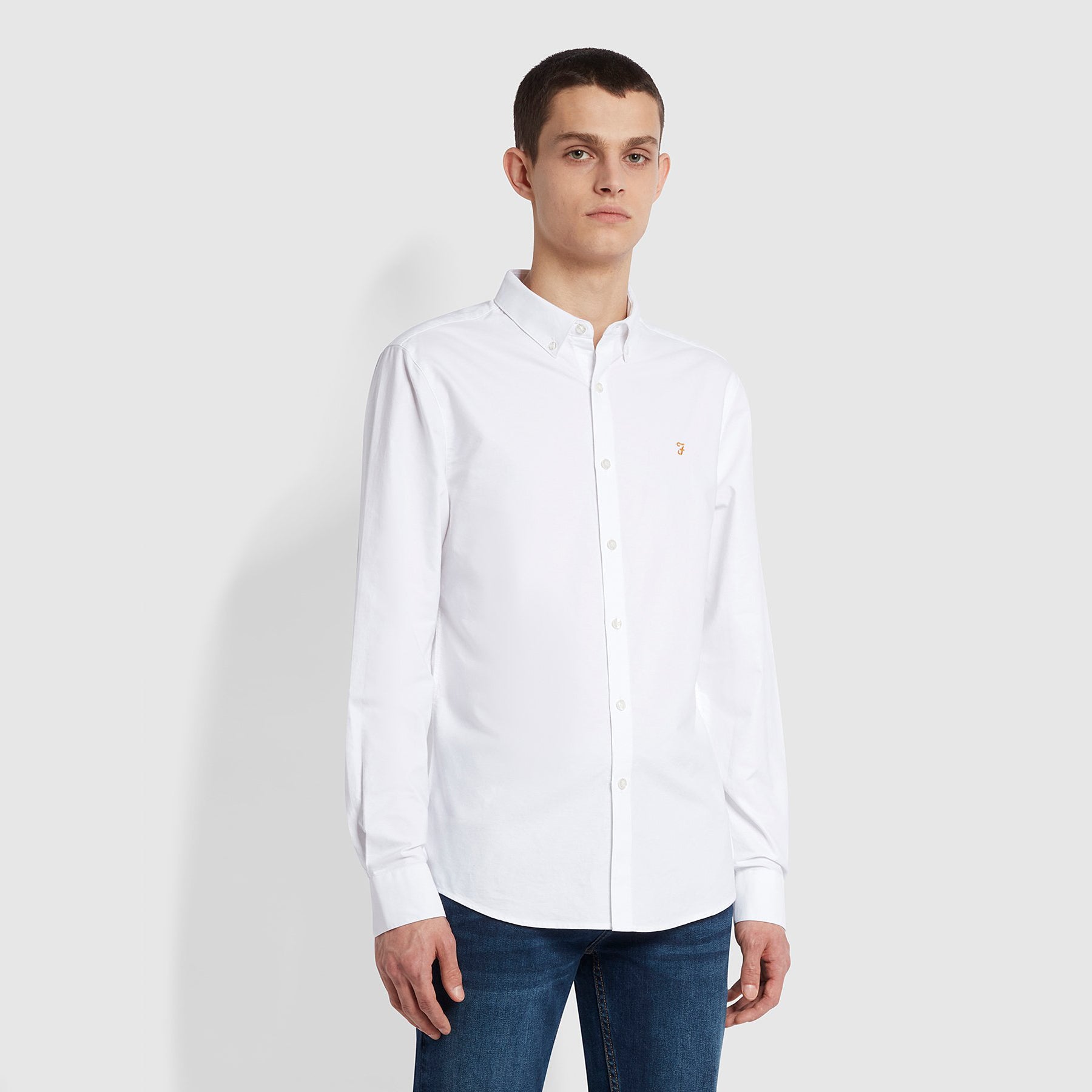 FARAH Brewer Slim Fit Organic Cotton Oxford Shirt in WHITE